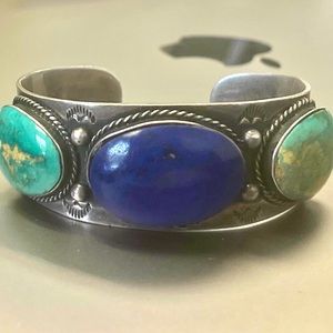 Sterling silver adjustable Navajo cuff with large turquoise and lapis stones